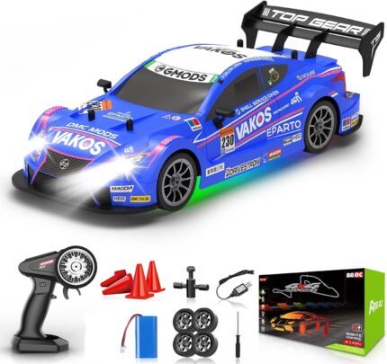 RC Drift Car, 1:16 Scale Remote Control Car, 4WD 40KM/H High Speed RC Racing, 2.4GHz Electric Sport Driftings with Headlight, Drifting Tires and Racing Tires for Adults (VAKOS -BLUE)