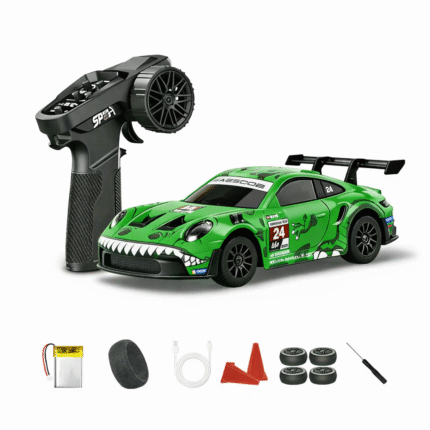1:43 Scale 4WD Drift RC Car with Remote Control, Rechargeable Battery, Type-C Charging, High Speed Racing Toy Car with Extra Tires & Cones, Alloy Body RC Car for Kids & Adults [Green]